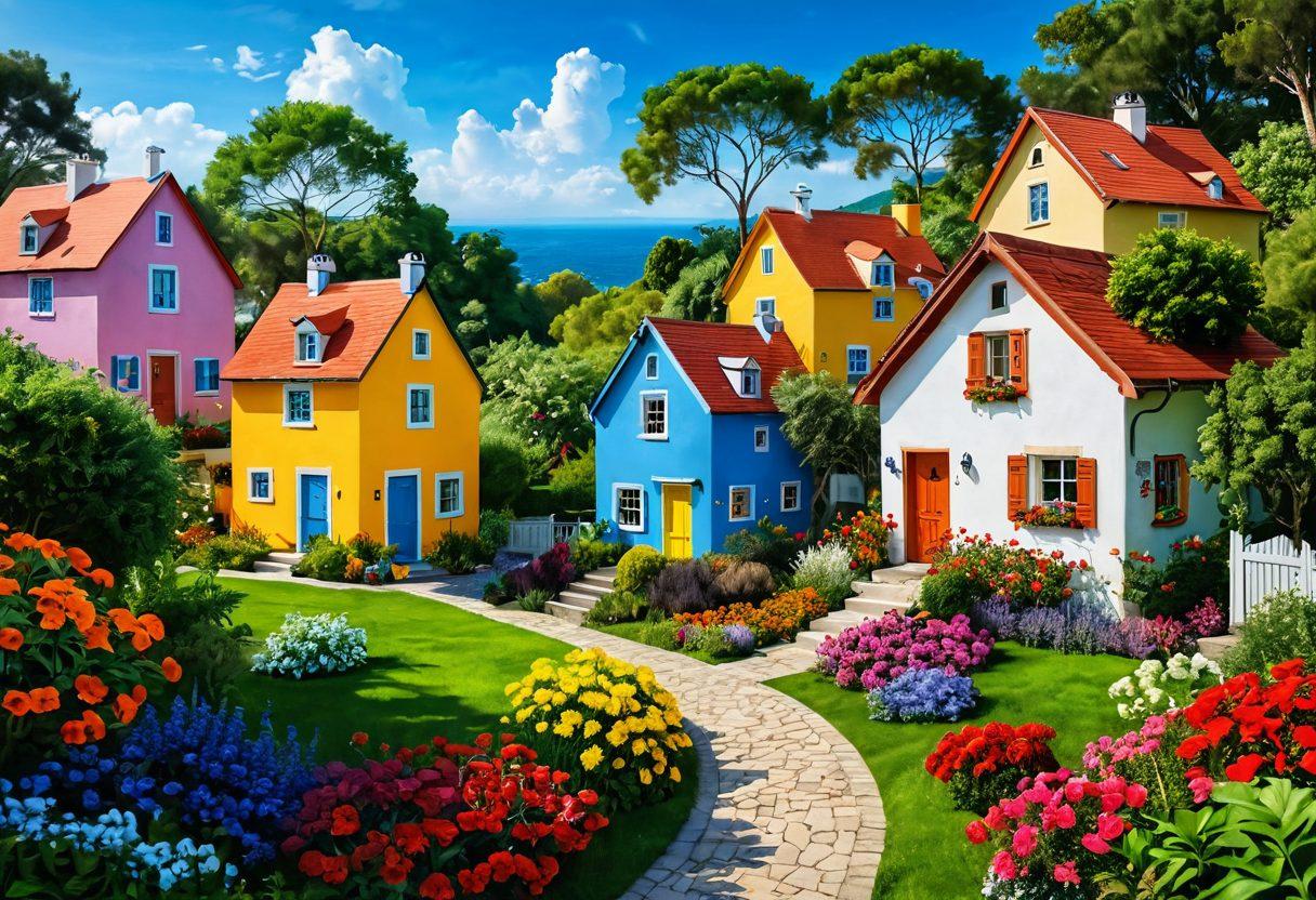 A vibrant, whimsical landscape showcasing diverse dream properties like cozy cottages, modern apartments, and serene villas, all surrounded by lush greenery and colorful flowers. Happy people of various backgrounds exploring their dream homes, with smiles and a sense of discovery. The sky is bright and sunny, evoking feelings of joy and contentment. The scene captures the essence of happy living and adventure in finding the perfect property. super-realistic. vibrant colors. imaginative composition.
