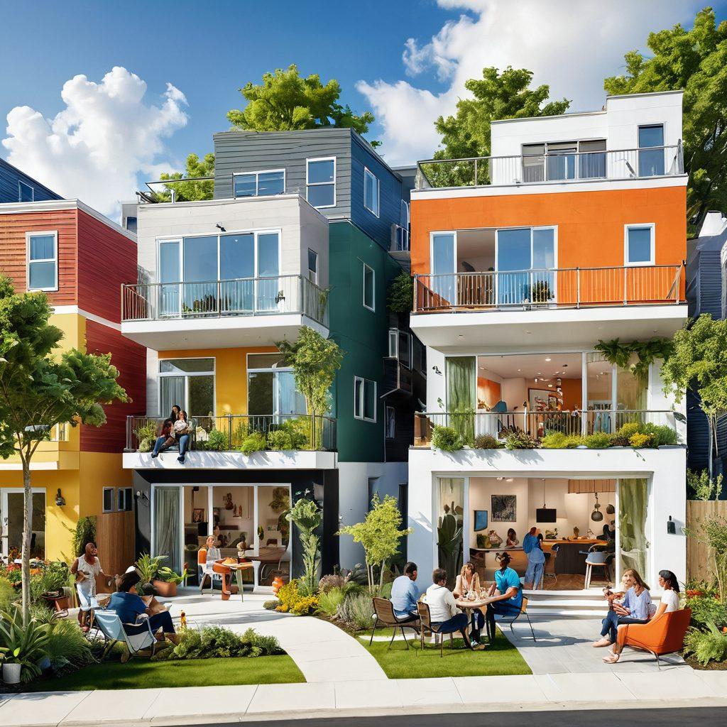A vibrant illustration depicting a diverse group of happy people enjoying their transformed living spaces, showcasing modern rental homes with lush greenery and cozy interiors. Include elements of joy, community, and innovation with bright colors. Incorporate various housing styles and joyful interactions among residents. Include a skyline in the background to represent urban living. super-realistic. vibrant colors. white background.