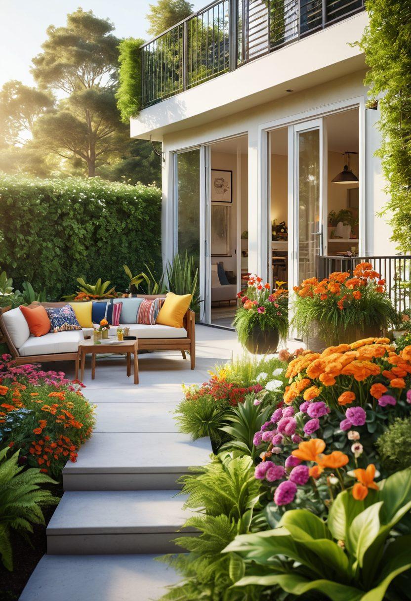 A bright, welcoming scene showcasing a modern, luxurious rental home surrounded by lush greenery. Include elements of joy, such as a sunlit balcony with colorful flowers and a family enjoying a picnic in the yard. The exterior should reflect premium housing solutions with stylish architecture and inviting outdoor spaces. Emphasize warm colors and a serene atmosphere. super-realistic. vibrant colors. sunny setting.